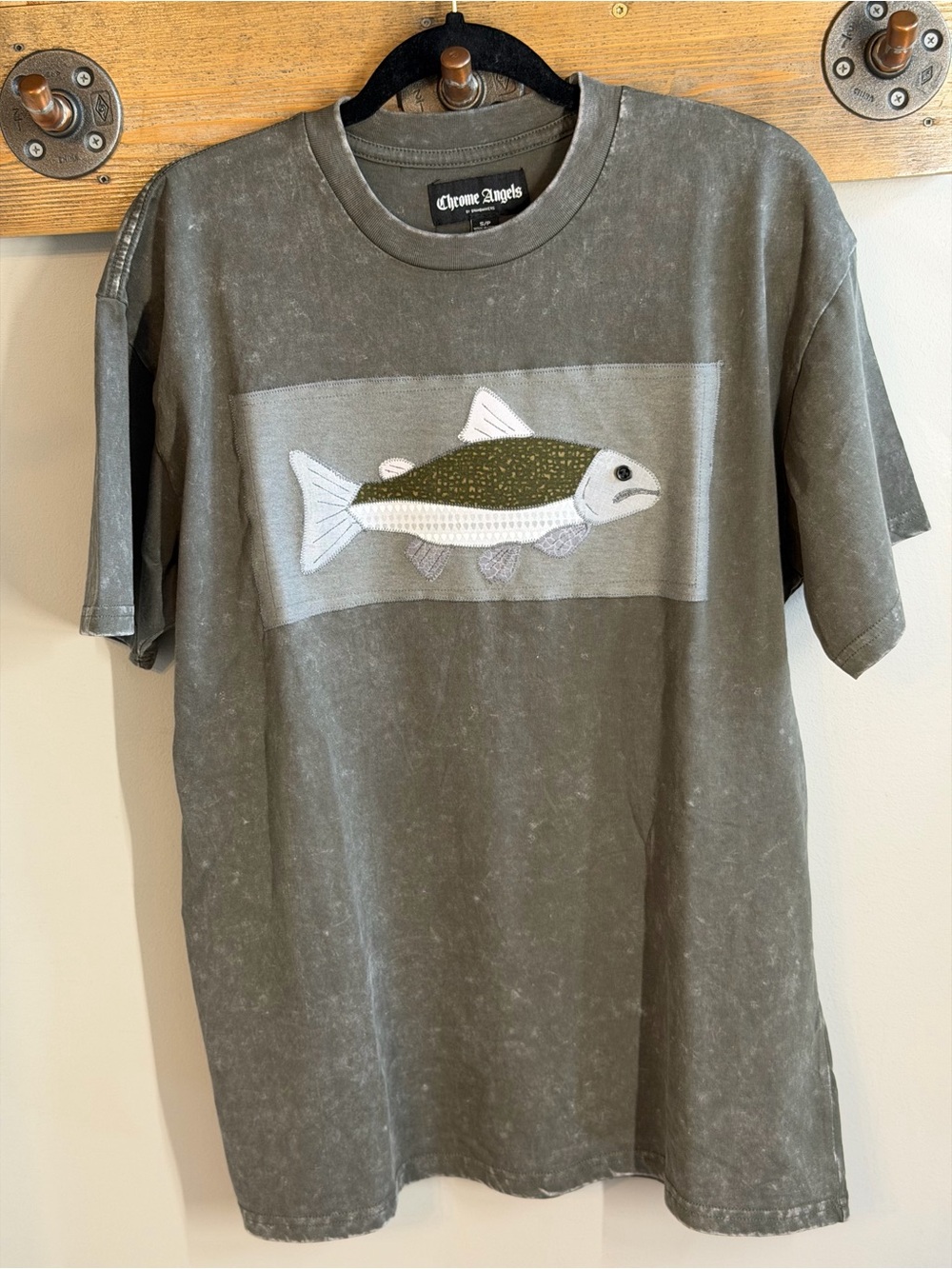 Custom Handmade Olive Green Fish Graphic T-Shirt